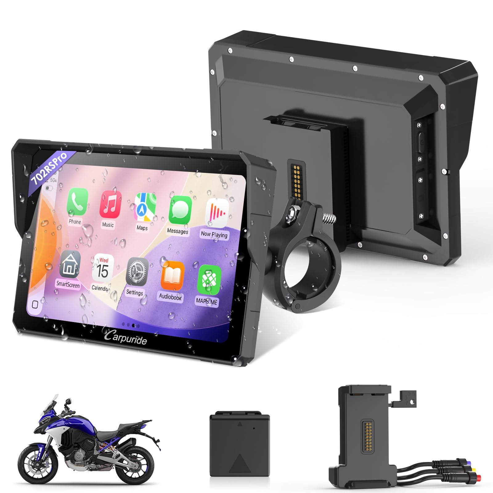 Photo 1 of Carpuride W702RS PRO Motorcycle GPS Wireless Carplay/Android Auto/Radar BSD, 7" Waterproof Motorbike Touch Screen, with BM05 Mount, Bluetooth Trans, Intercom,Wired Controller, Navigation