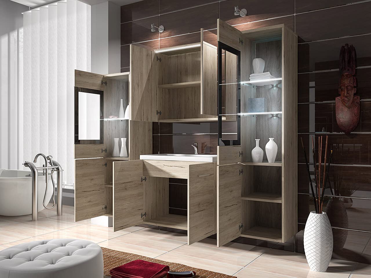 Udine II - Set di mobili da bagno con lavabo e sifone, bagno moderno, completo, con specchio, mobiletto per lavabo, armadietto alto, senza illuminazione, Bodega