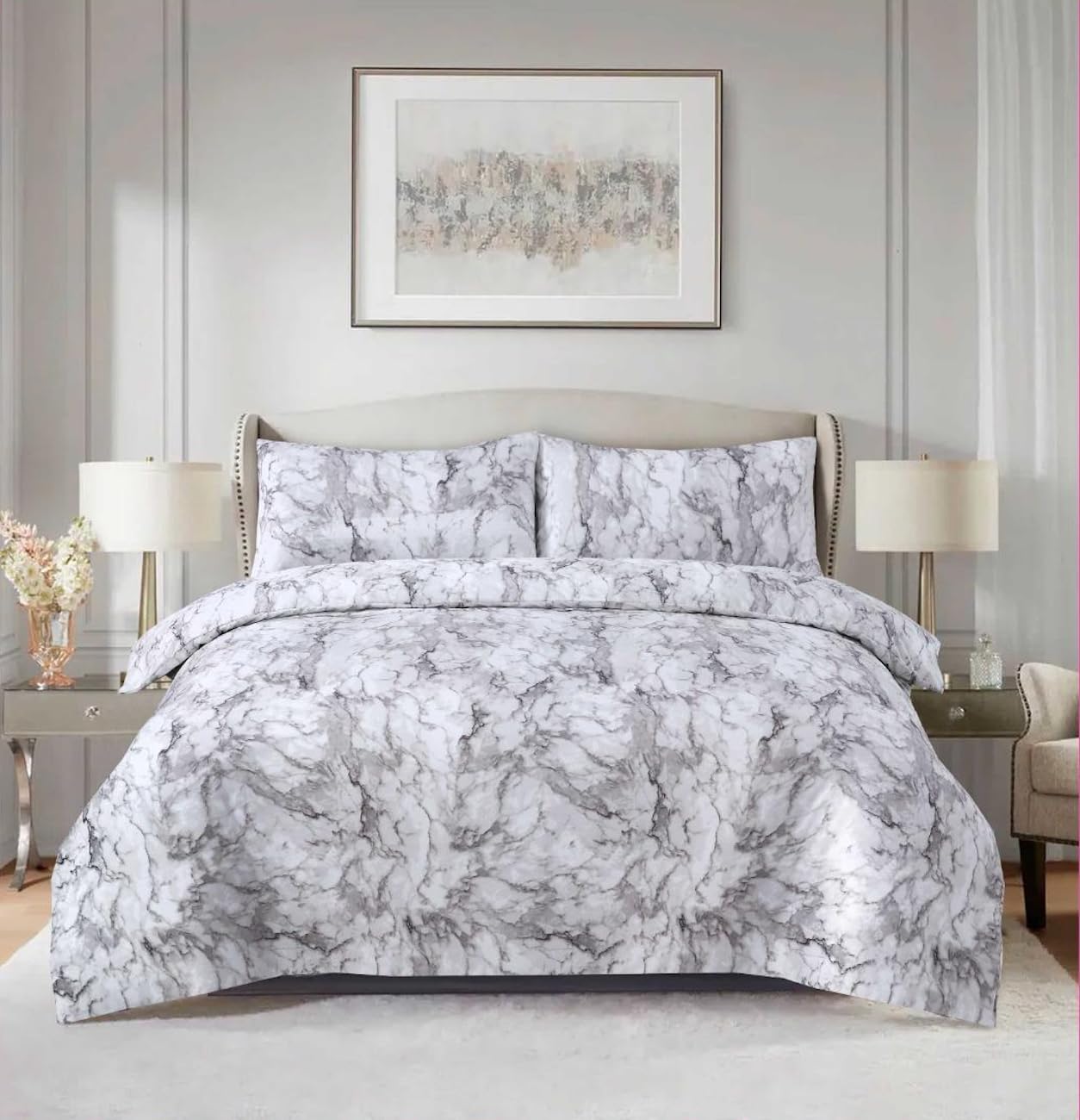 4 Piece Duvet Set - Soft Printed Bedding Set Hypoallergenic Microfiber Duvet Cover - Double Bedding Set - Duvet Cover, Fitted Sheet with Pillow cases (Stone White, Double)