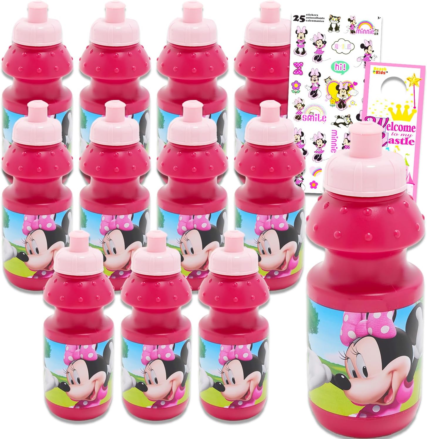 Disney Minnie Mouse Kids 11 Oz Reusable Water Bottles – Minnie Party Favor 12 Piece Bundle with 11 Oz Bottle with Pull Top Lid Plus Stickers for Girls | Bulk Minnie Water Bottles