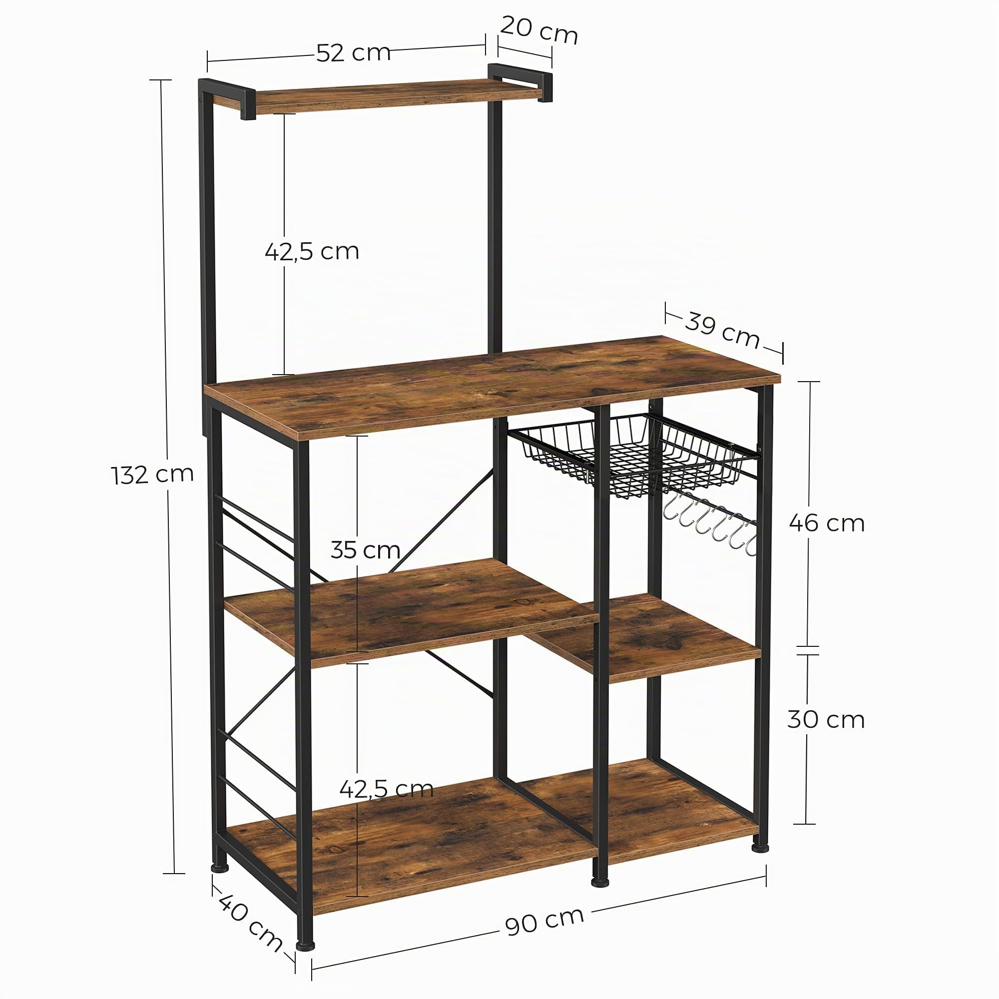 VASAGLE Étagère Cuisine, Support pour Four à Micro-ondes, Rangement Cuisine Gain de Place, avec Panier, 6 Crochets, Étagère à Épices, Casseroles, 40 x 90 x 134 cm, Marron Rustique et Noir KKS35X