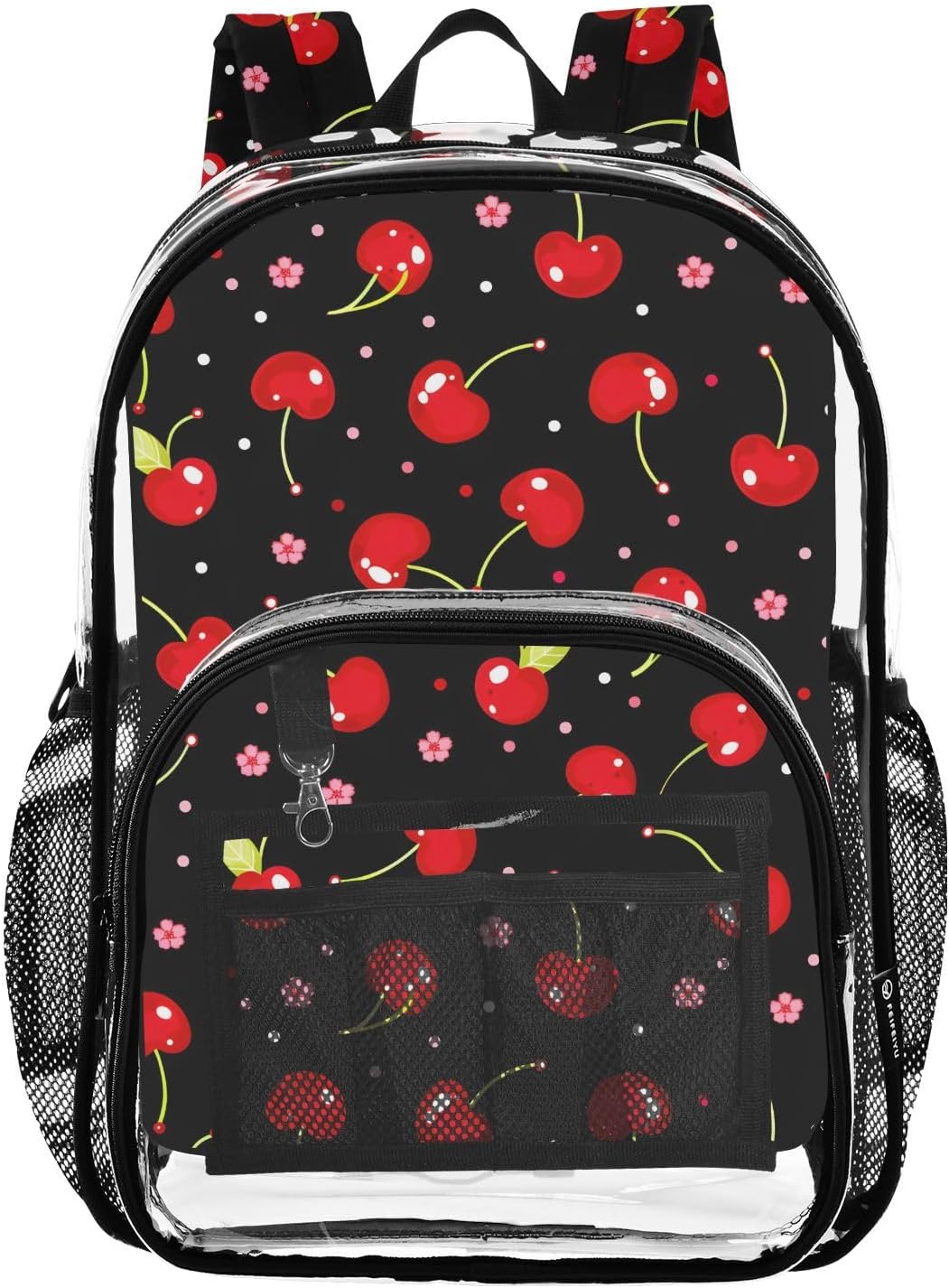 Cherry Flower on Black Clear Backpack Heavy Duty See Through Transparent PVC BookBag for Kids Boy Girl Adult School Work