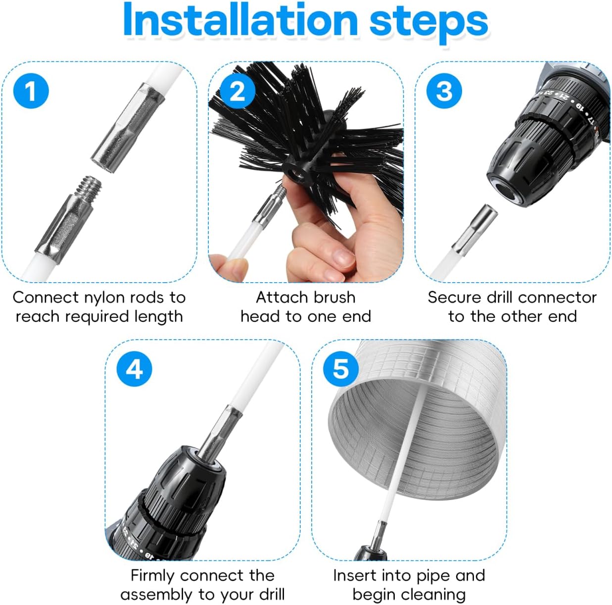 MAGICLULU Chimney Sweep Pro Kit, 30ft Interlocking Rods with 6” Dual Brush Heads, Efficient Dryer Vent and Air Duct Cleaner, Reusable Fireplace Maintenance System