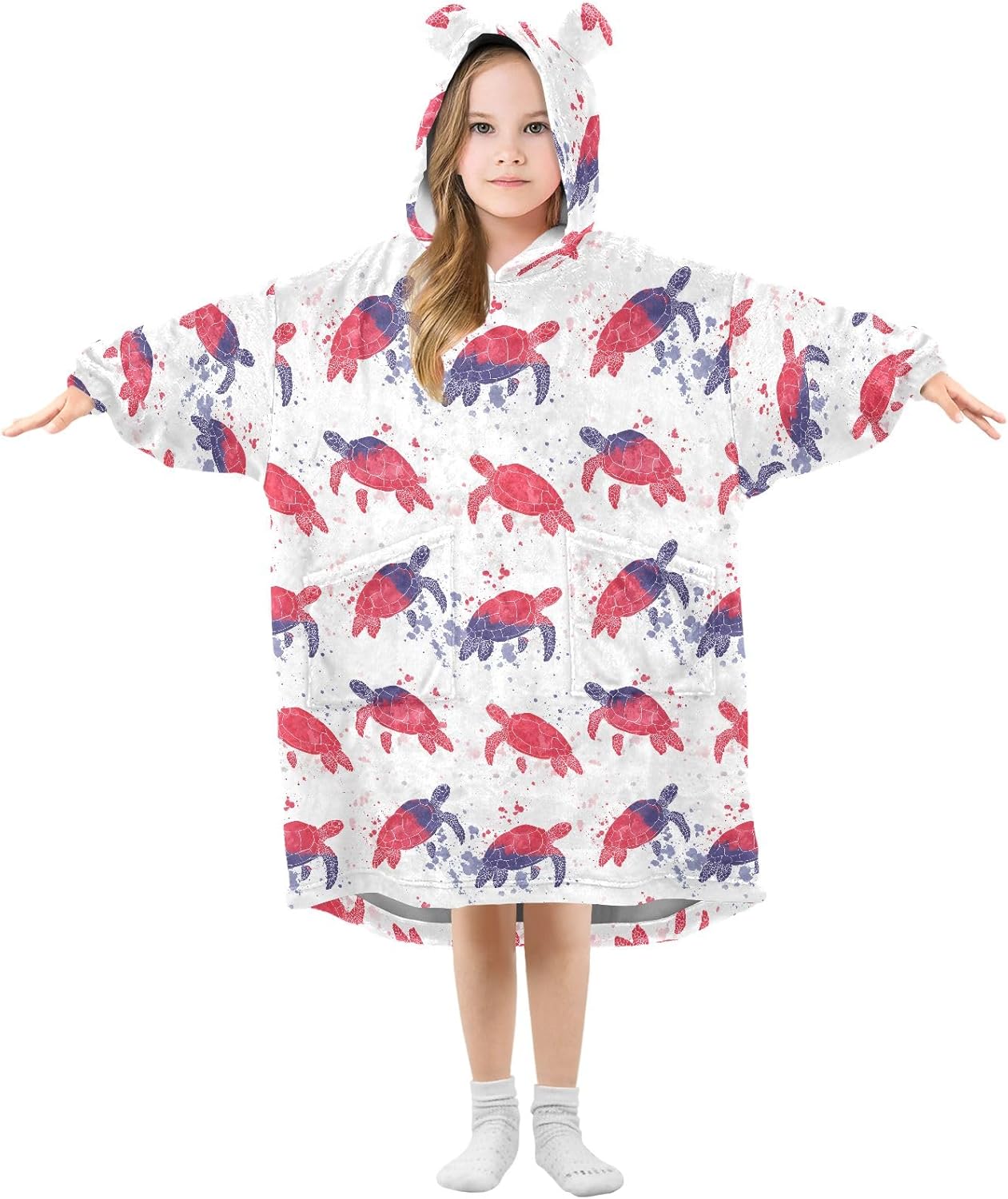 Watercolor Red Turtle Pattern Wearable Blankets for Kids, Soft Warm Cozy Blanket Hoodie for Boys Girls with Pocket
