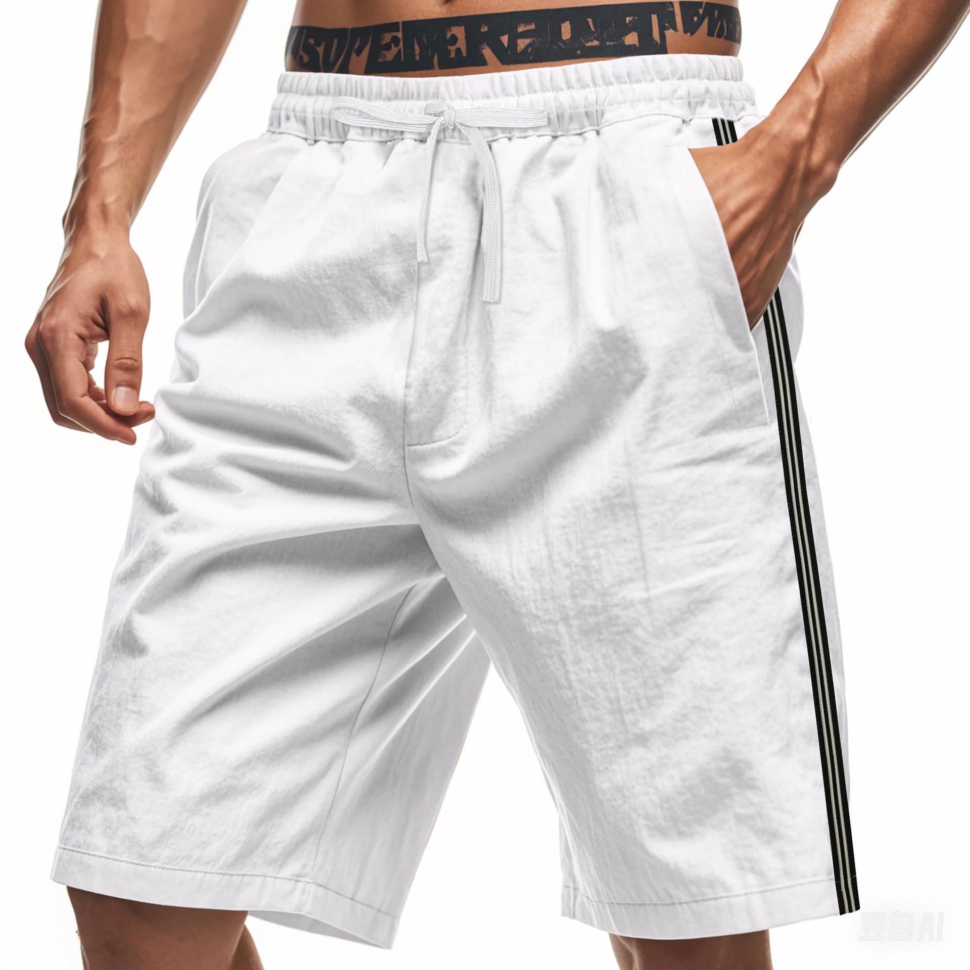 Mens Summer Striped Shorts Solid Color Elastic Waist Drawstring Beach Pants with Pockets Sports Fitness Pants