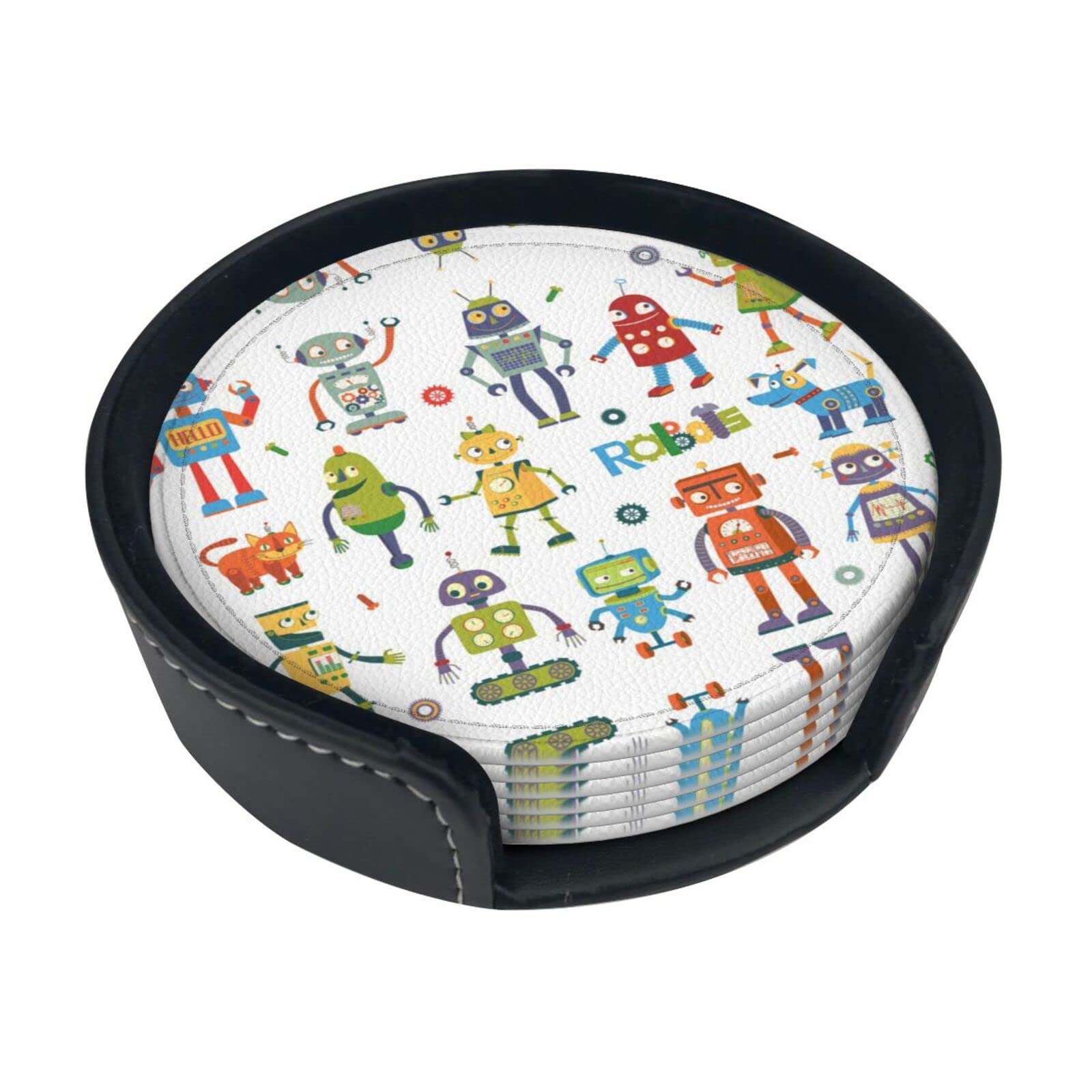 Coasters Set Of 6 Cute Cartoon Robots Print Leather Coasters For Drinks,Home Décor And Housewarming Gift