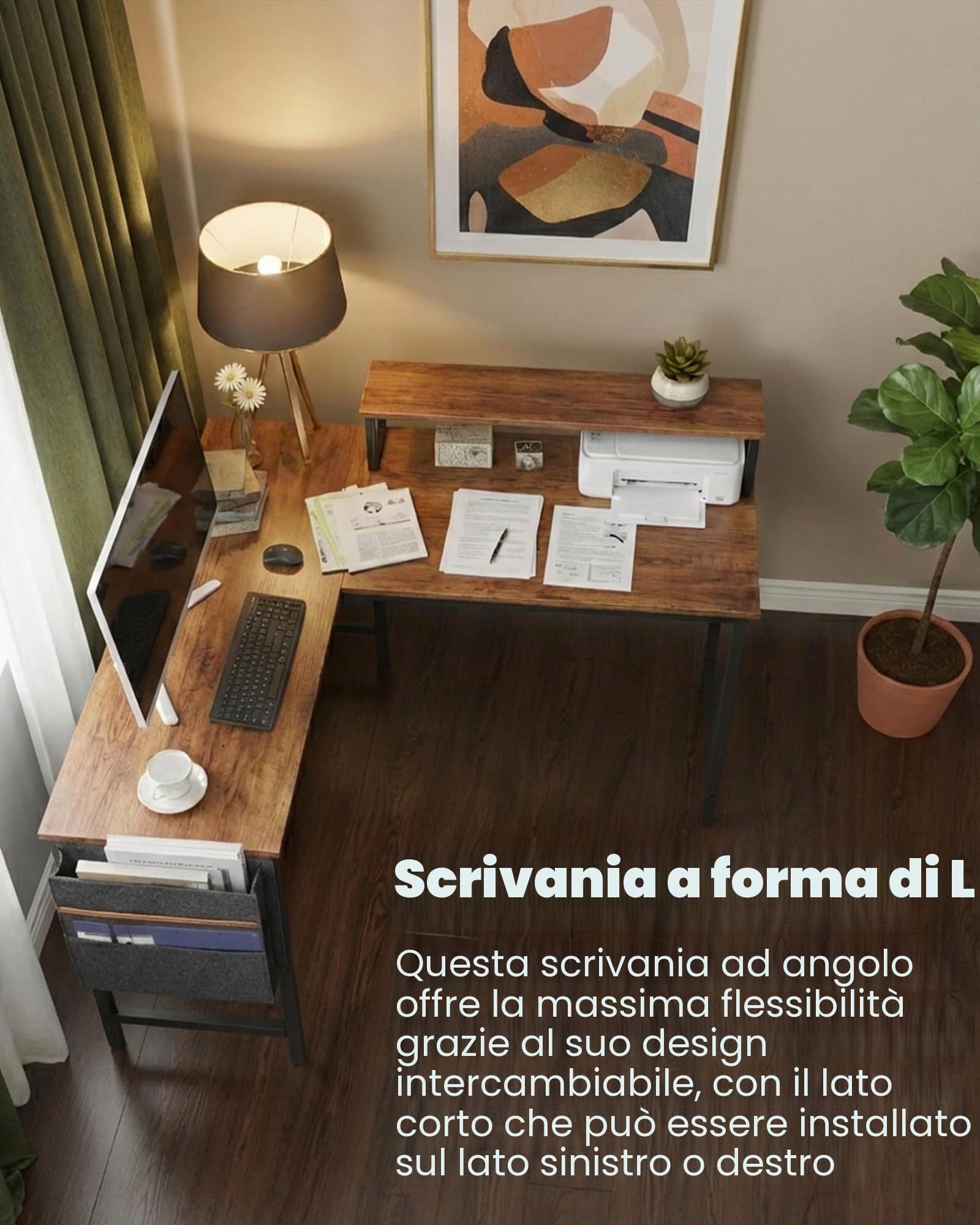 Scrivania angolare reversibile a forma di L, scrivania per computer con supporto per monitor e tasca laterale, tavolo da ufficio salvaspazio per casa e piccoli spazi, tavolo con vano