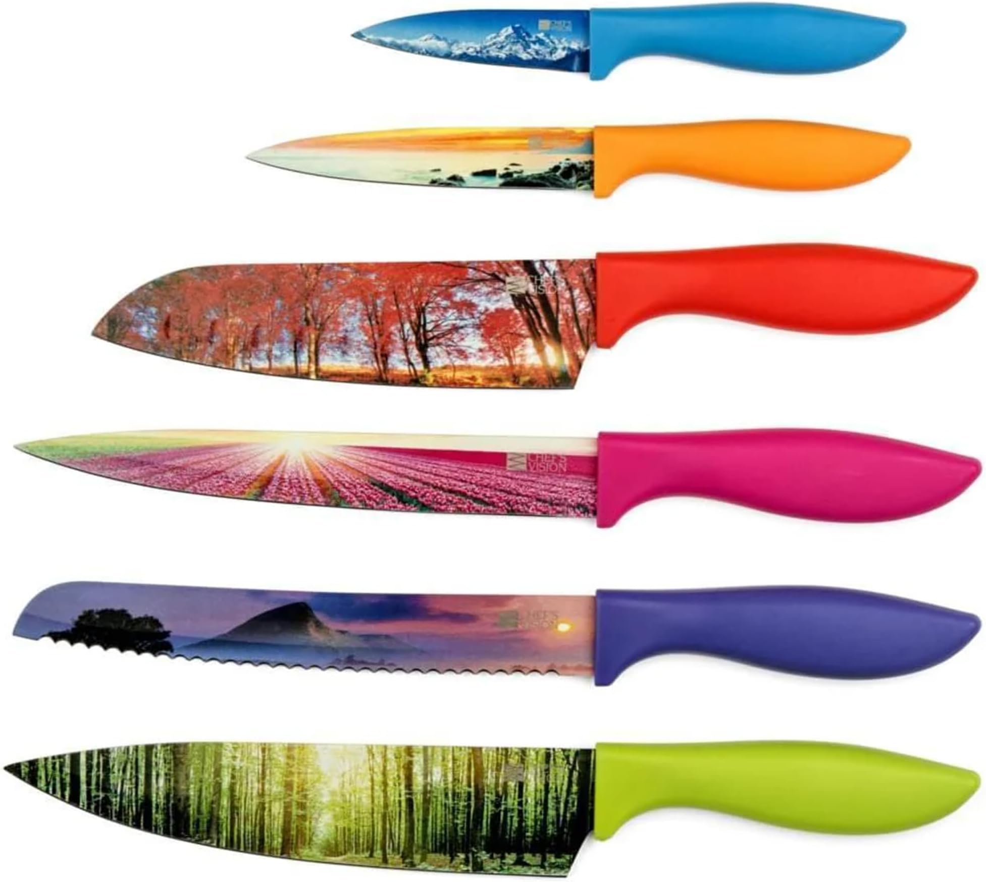 Chef's Vision Landscape Knife Set - 6-Piece Stainless Steel Kitchen Knives Set with Stunning Nature Scenes - Perfect House Warming Gift for Women or Men - Unique Kitchen Knife Set Gift