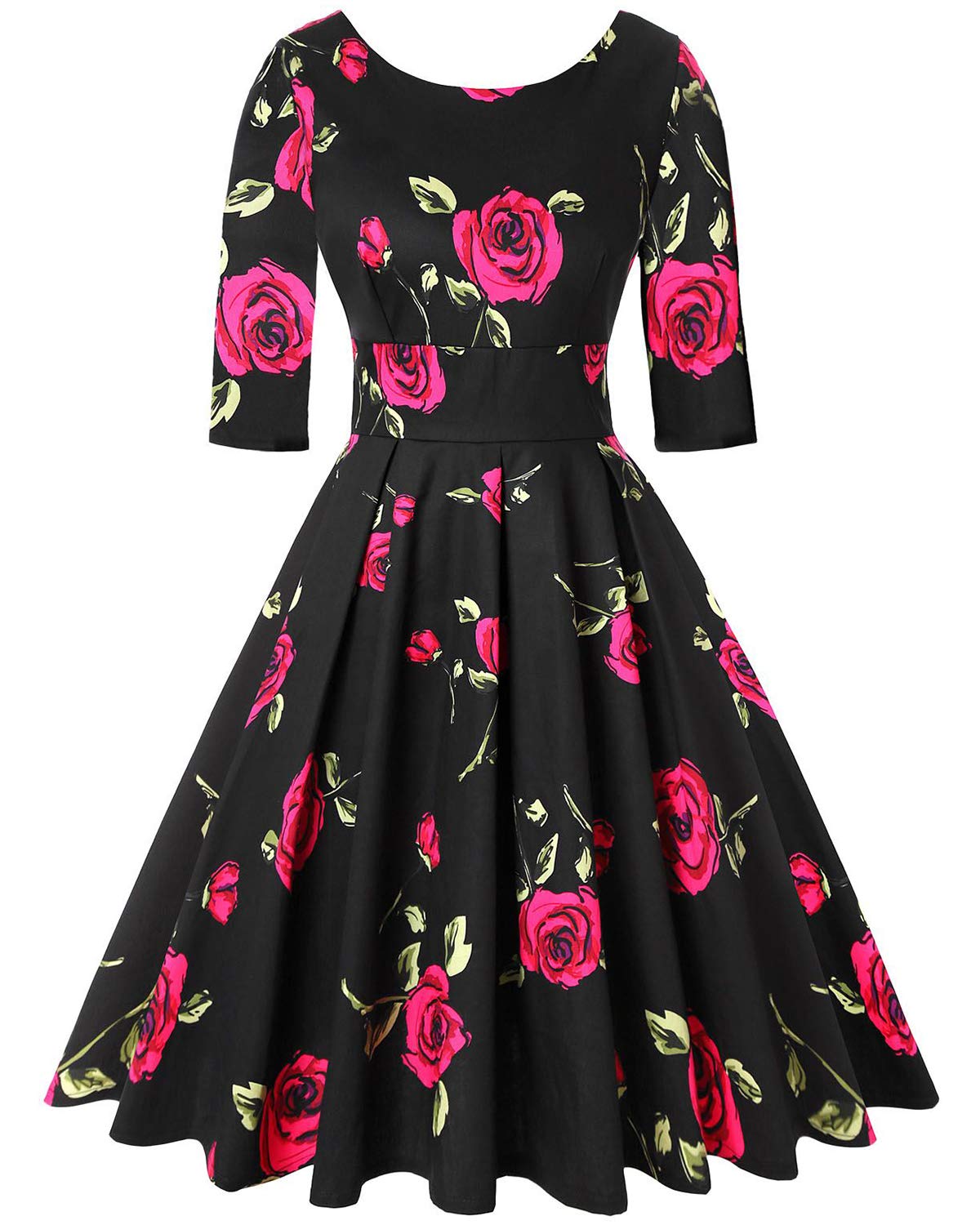 Mintlimit Women's Floral Rose Black Vintage 1950'S Floral Christmas Dress 3/4 Sleeve Dress Party Cocktail Dress And Red,Size Xxl