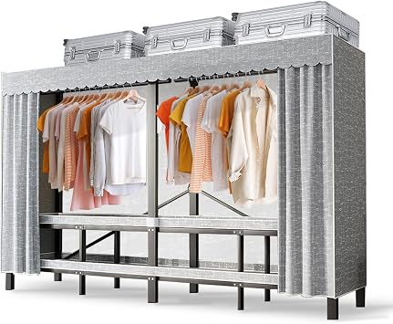 Portable Wardrobe Closet, Collapsible Clothes Rack, Freestanding Garment Rack with Cover, Large Rolling Garment Rack for Hanging Clothes, Coat Storage Organizer Grey, 95.2in/242cm