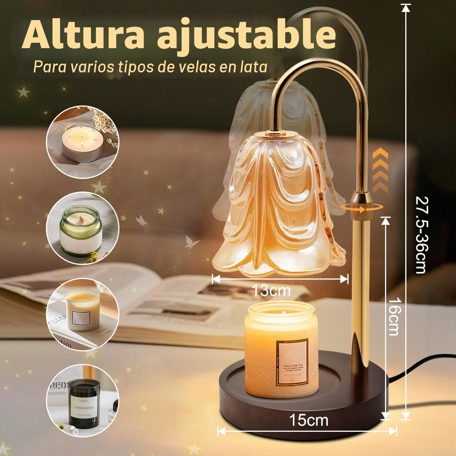 Lámpara Calentador de Velas con Temporizador y atenuador, Lampara Vela Eléctrica con 2 Bombillas, Altura Ajustable Lámpara Perfumada Calentador, Lampara Fusión Cera para Decoración Hogar