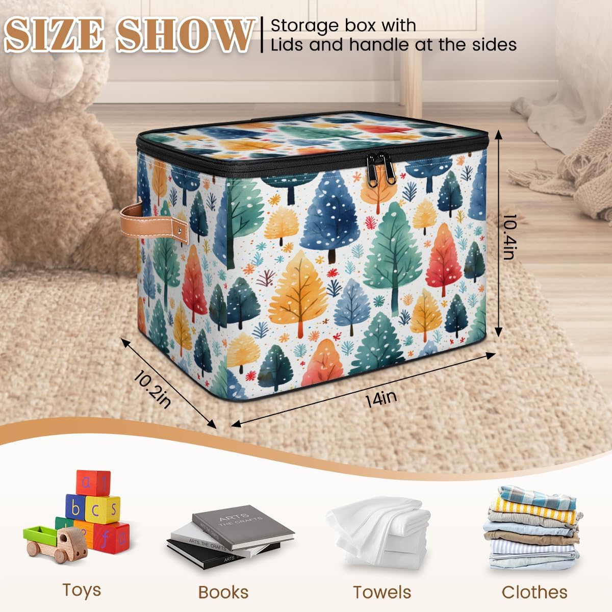 Storage Bin Set of 2 Rainbow Forest Storage Basket with Zipper Lid & Handle Foldable Closet Shelf 2 Pack Cloth Organizer Basket Cube Bins Clothes Organizer for Nursery, Bedroom