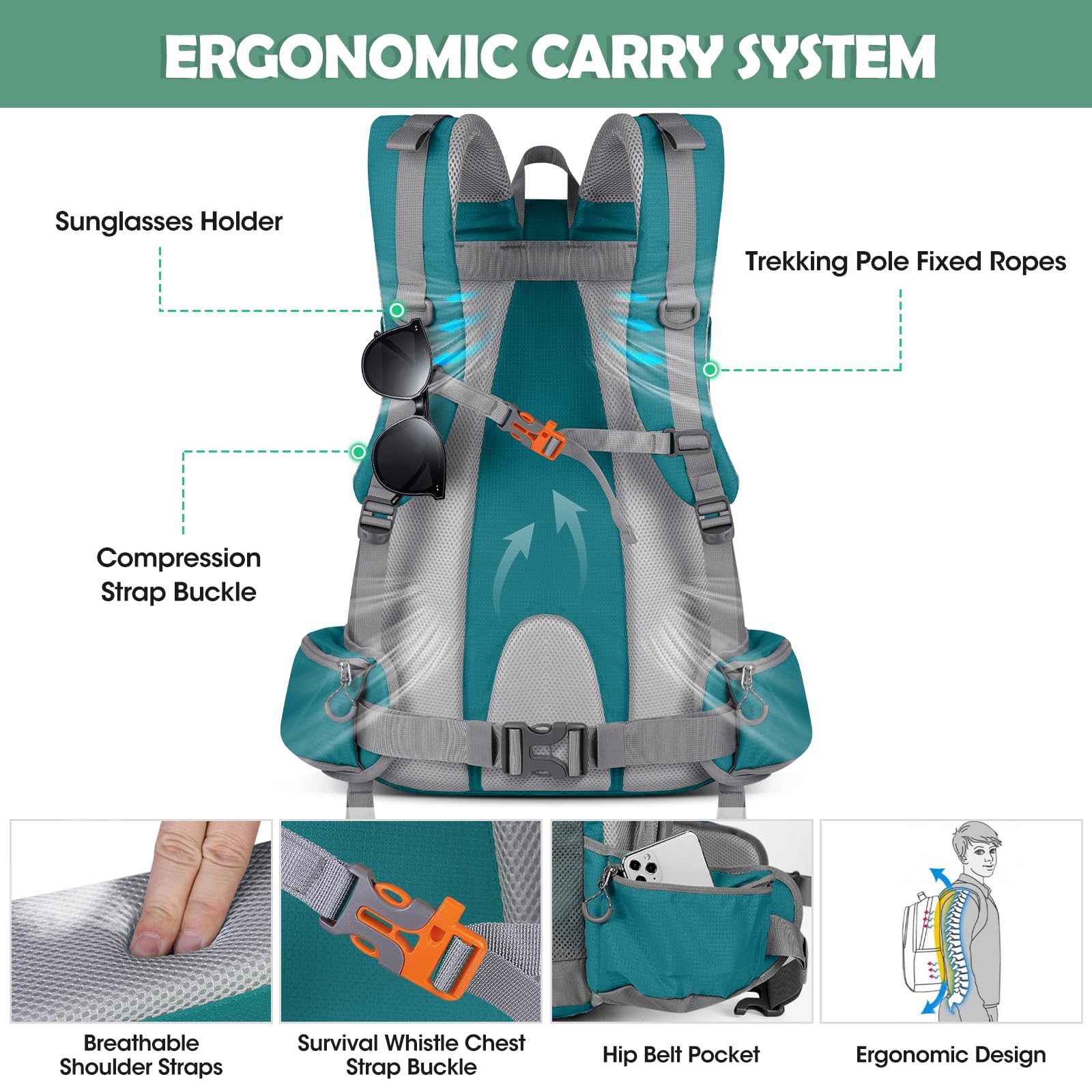 NUBILY Zaino Trekking 50L Impermeabile Montagna Uomo Escursionistico Donna Leggero da Viaggio Alla Moda Outdoor Campeggio Blu Verde