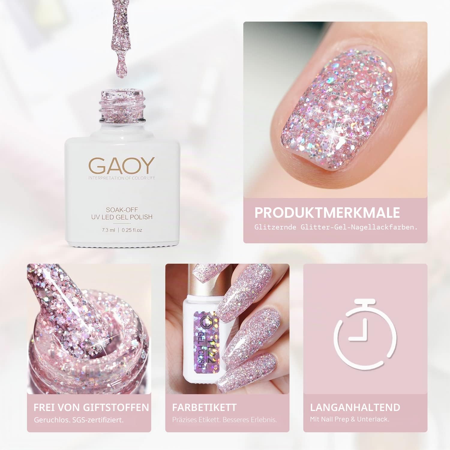 GAOY Chrom-Platin-Glitzer-Nagellack-Set, 6 Farben, einschließlich funkelnder, glänzender UV-LED-Soak-Off-Gellack, Schwarz, Silber, Rosa, Maniküre, Nagelstudio-Lack