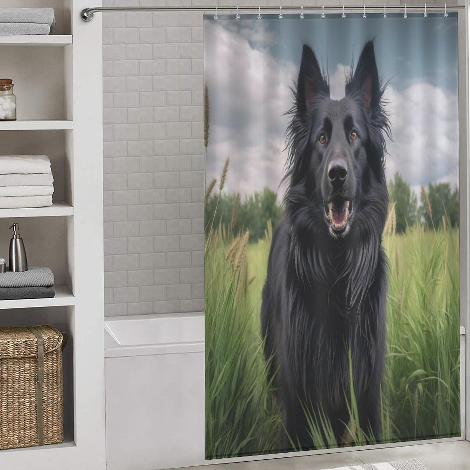 Rideau de douche chien avec 12 crochets inclus : lavable et imperméable pour votre baignoire