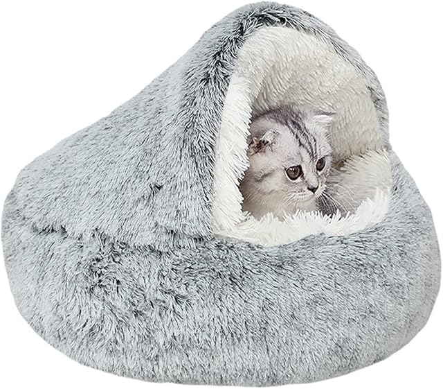 YAGE Calming Cat Bed Fluffy Plush Kitten Bed, Washable Anti Anxiety Puppy Bed,Pet Bed for Indoor Cats Small Dog, Soft Warm Donut Cat Sleeping Bag (M-50cm, Grey)