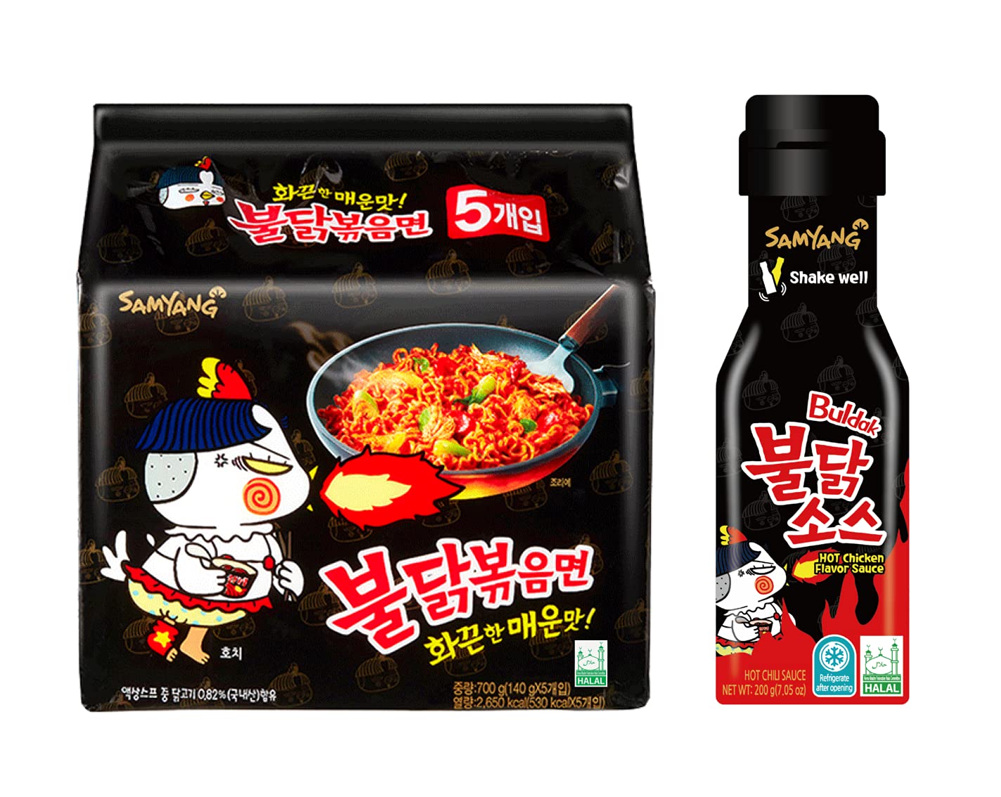 Buy Samyang Hot Original chicken spicy black chicken ramen 5PACKS & 1 black hot sauce 200g