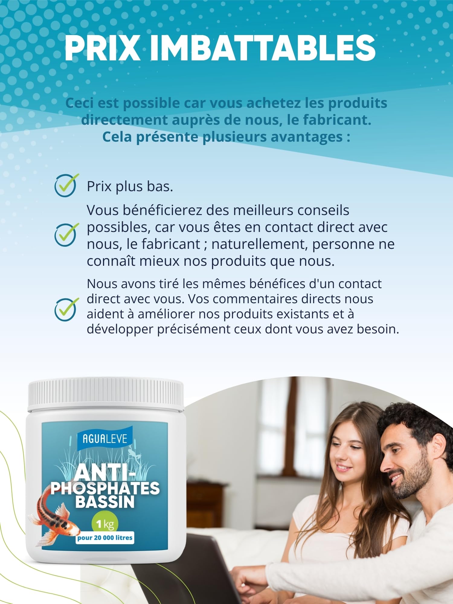 AGUALEVE® Phosstop 1 kg | lie phosphates après la lutte contre les algues et empêche ainsi la formation de nouvelles algues | pour bassins à poissons et baignade | Fabriqué en Allemagne | pour 20000 l