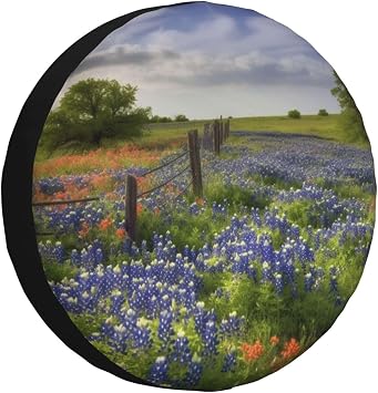 Texas Bluebonnets Scenery Print Spare Tire Cover Waterproof Dust-Proof Wheel Protectors Universal Weatherproof Camper Tire Covers for Travel Trailer Rv SUV Truck 15 inch, Black