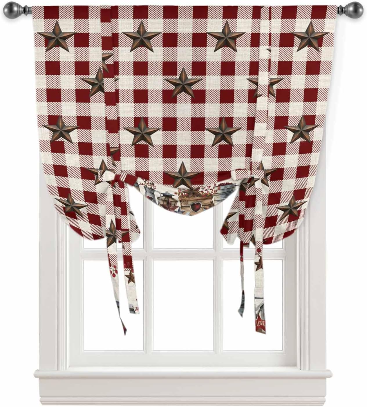 Farm Red Tie Up Curtains for Kitchen Bedroom Living Room Windows, Brown Western Texas Star Red Plaid Country Adjustable Tie-Up Shade Rod Pocket Curtain Valance Drape 1 Panel 52" x 63"