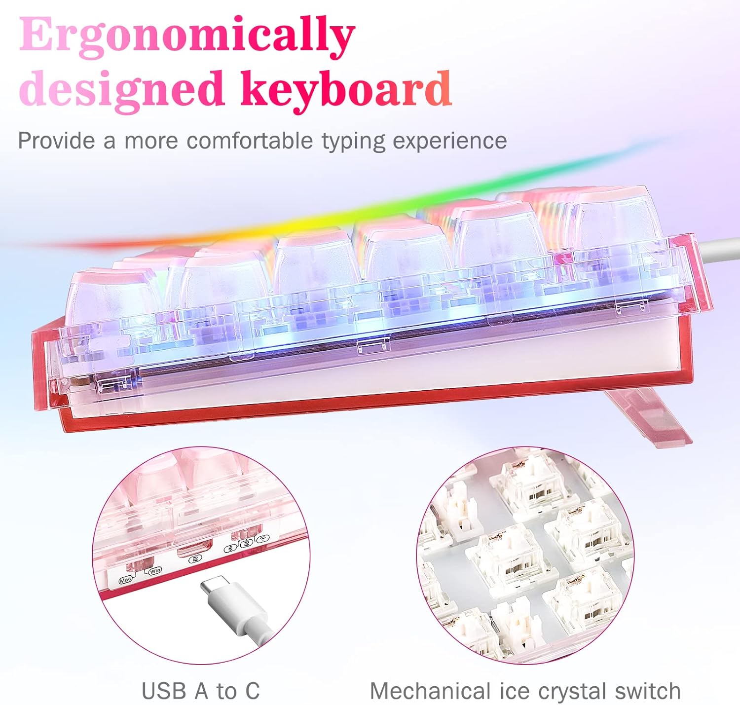 CHICHEN Mechanical Gaming Keyboard,Cool RGB Backlit,2.4Ghz Wireless/Bluetooth/USB-C,Hot Swappable 80% Keyboard with Ice Switch, Triple Modes Keyboard for Windows/Mac (Translucent Frosted Pink)