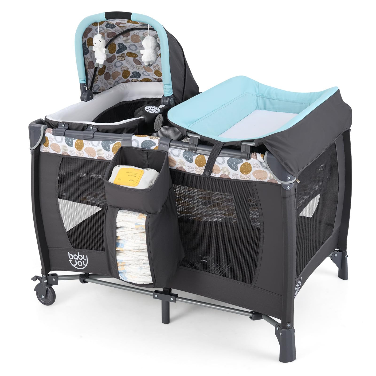 BABY JOY 5 in 1 Pack and Play, Portable Baby Playard w/Bassinet & Diaper Changing Table, Infant Nursery Center Bassinet with Toys & Music & Oxford Bag