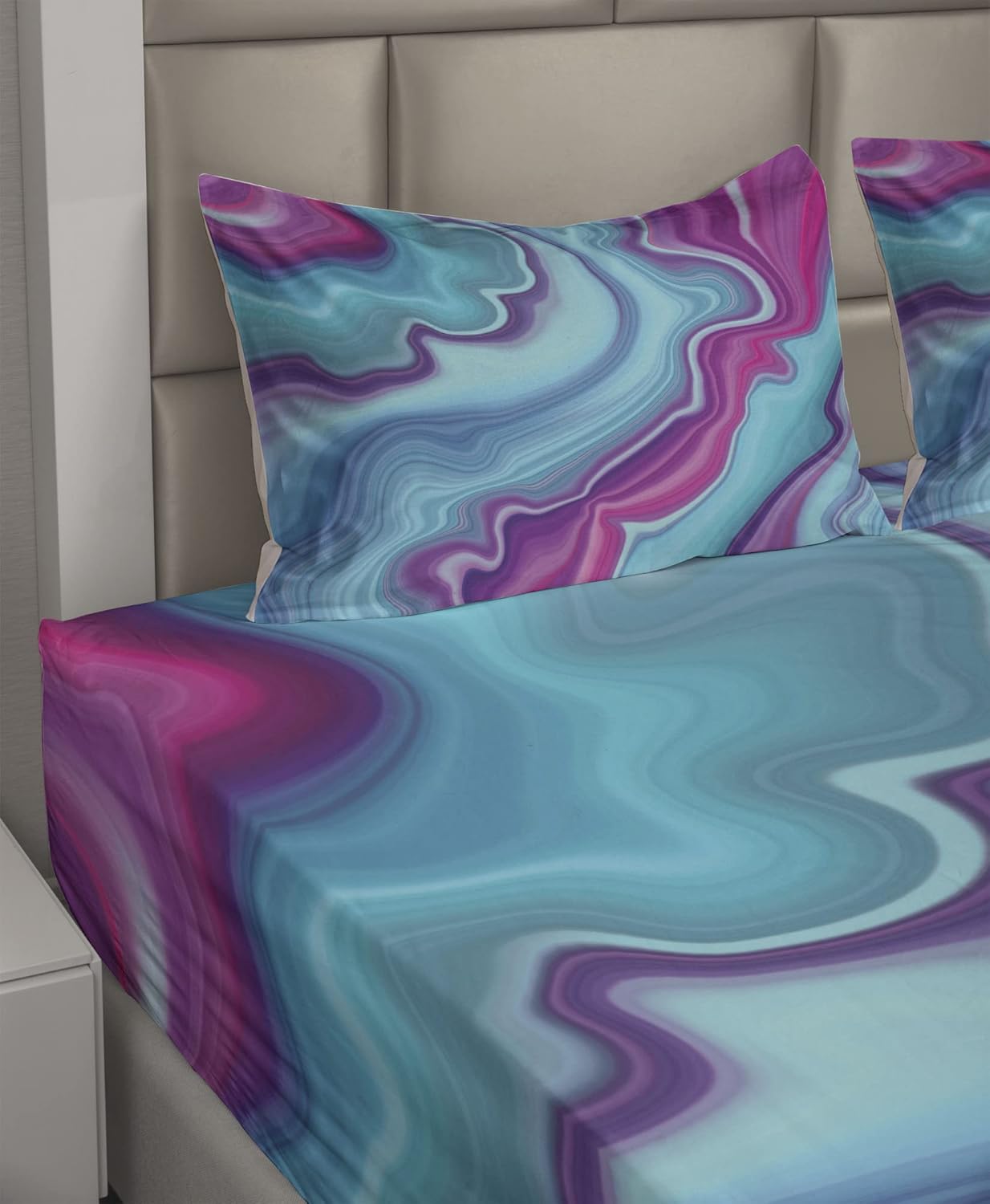 Ambesonne Marble Print Sheet Set, Abstract Color Formation Wavy Aqua Pink Lines Agate Slab Mineral Geographic, Fitted and Flat Sheet with Pillowcases Bedding Accent 4 Piece Set, Full, Aqua Pink