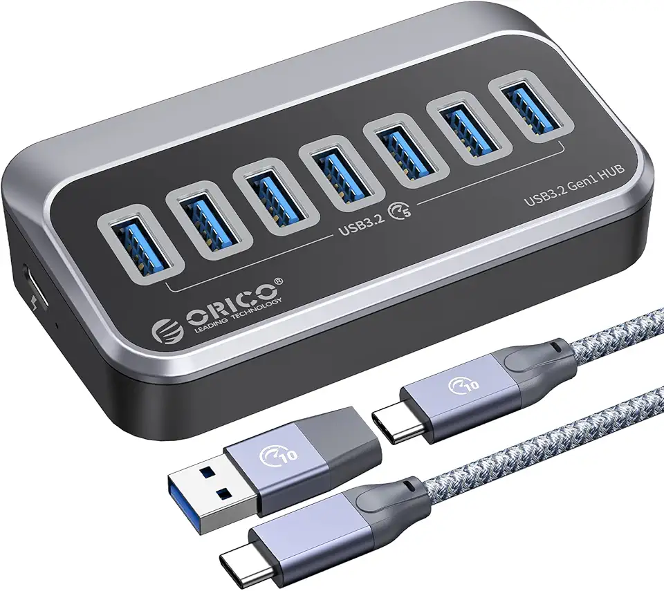 ORICO Hub USB 3.0 [5 Gbps], hub USB de 7 portas com cabo USB-C de 1,64 m e adaptador USB-A, divisor USB 3.2 Gen1 para iMac, todos os MacBooks, Mac Mini