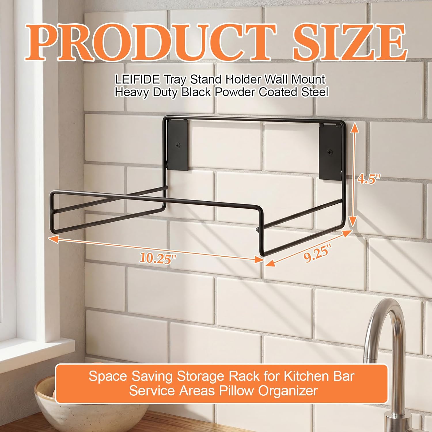 LEIFIDE Tray Stand Holder Wall Mount Heavy Duty Black Steel Plate Rack Shelf Large for Restaurant Kitchen Bar Service Areas Space Saving Storage Display Rack Pillow Organizer 10.25 x 9.25 Inches