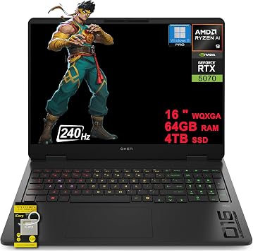 HP Omen 16 Gaming AI Laptop 16" WQXGA 240Hz 500nits 100% sRGB AMD 10-core Ryzen AI 9 365 Up to 50 Tops 64GB RAM 4TB SSD GeForce RTX 5070 GDDR7 DLSS4 Up to 798 Tops RGB Backlit Win11Pro ICP Hub