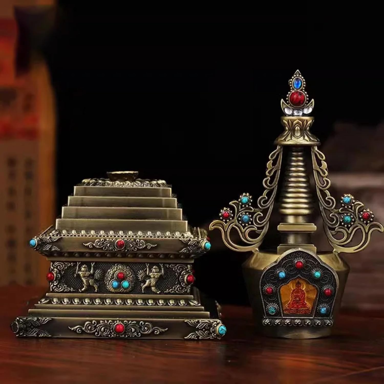 Tibetan Style Stupa of Relics Alloy Bodhi Pagoda Stupa, 23cm 9in, Household Buddhist Shrine Ornament image 2
