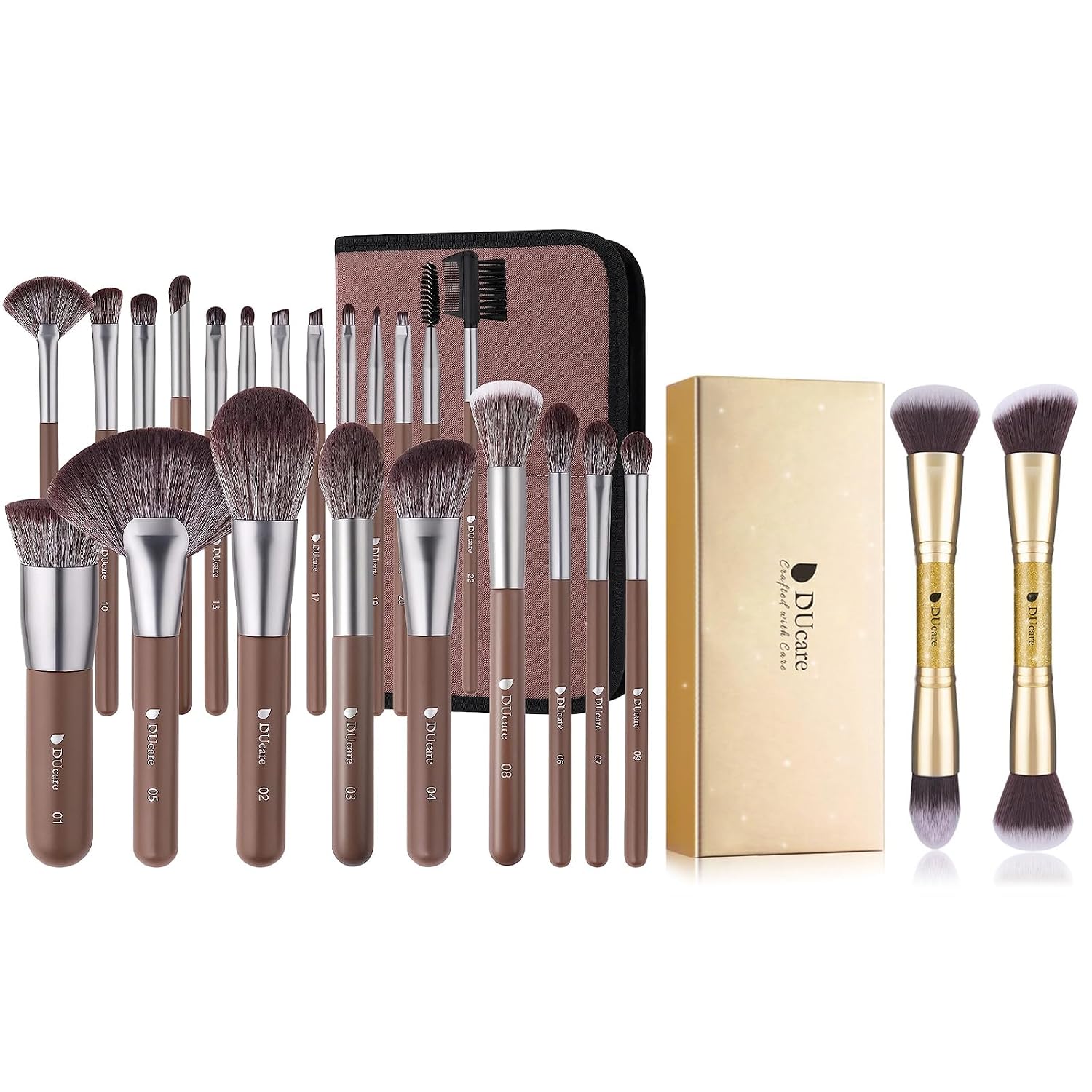 DUcare Makeup Brushes Professional with Bag+Duo End Foundation Powder Buffer and Contour Brushes