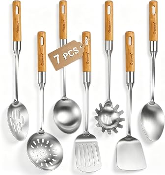 Stainless Steel Cooking Utensils Set with Wooden Handle, 7 Pcs Long Kitchen Utensil Set Stainless Steel, Heat Resistant Metal Spatula Set for Cooking with Turners, Skimmer, Ladle, Pasta Fork