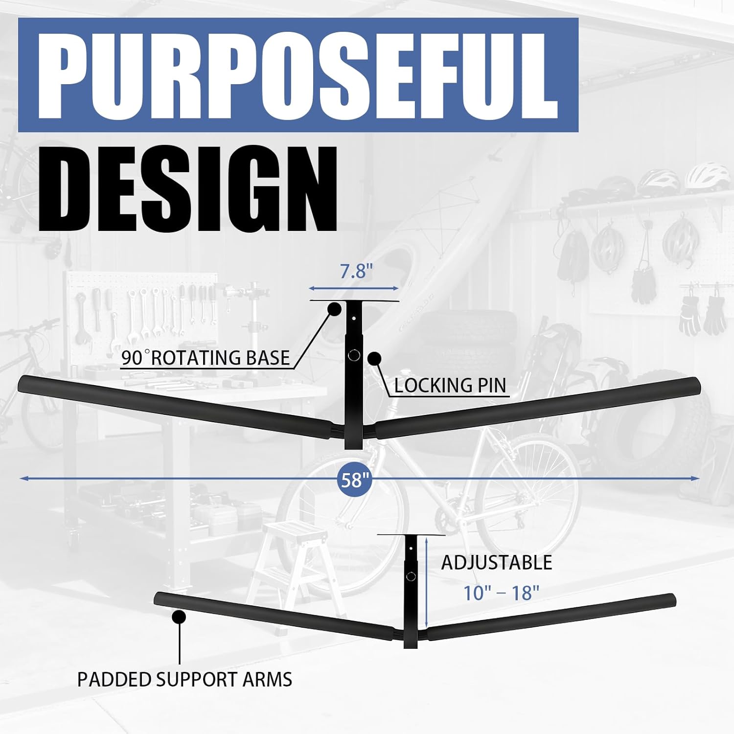 Double Kayak/Ladder Ceiling Storage Rack, 10"-18" Adjustable Ceiling Rack, 30" Bar Length Holds 200 lbs Ideal for Kayak, Ladder, Surfboard, Snow boar Overhead Hanger (Double Side)