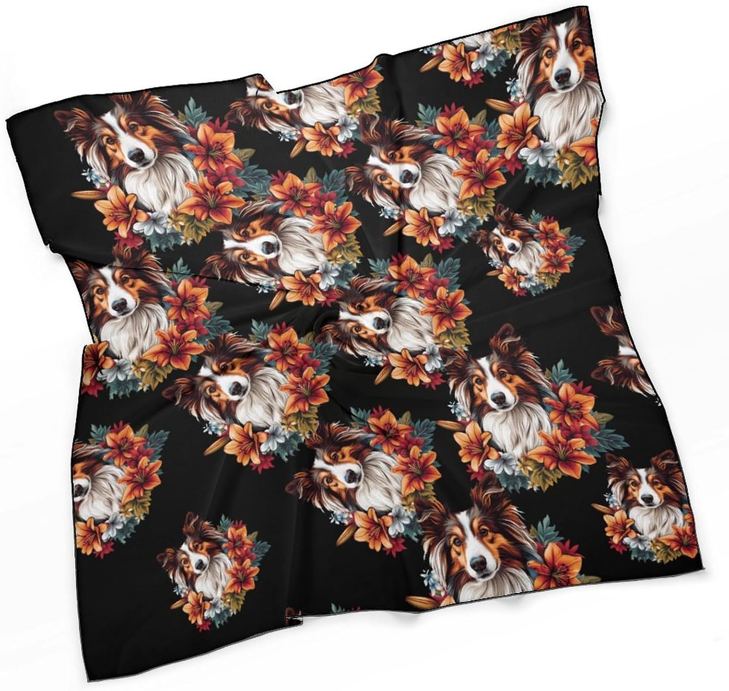 Floral Sheepdog Dog Flower Bandana Fashion Head Scarf Square Silk Scarf Print Neck Hair Scarfs for Women Men Gifts
