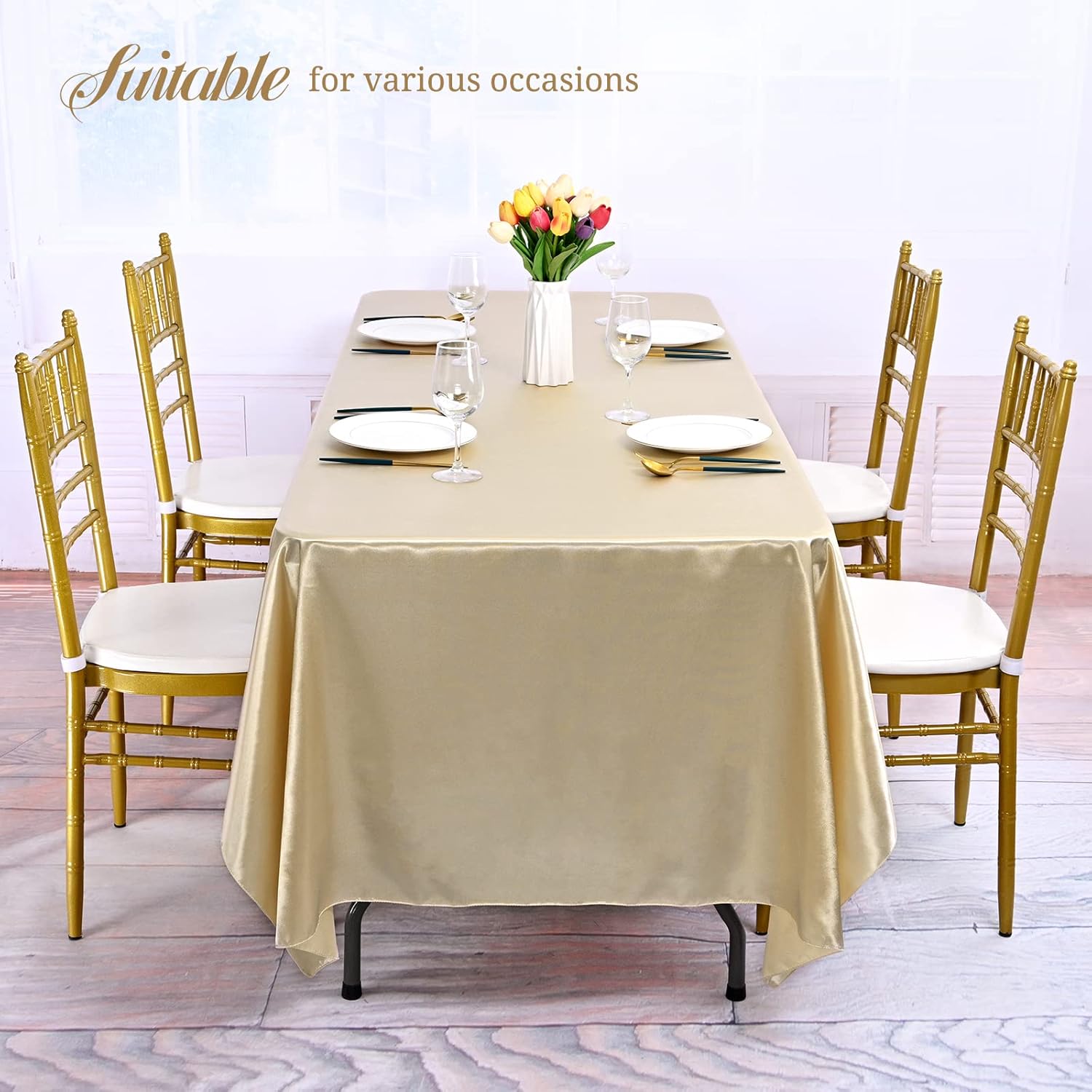 12 Pack Champagne Satin Tablecloth, 57 x 108 Inch Silky Satin Table Cloth, Rectangle Bright Silk Tablecloth Smooth Fabric Table Covers Overlay Silky Table Decoration for Wedding Party Banquet Birthday