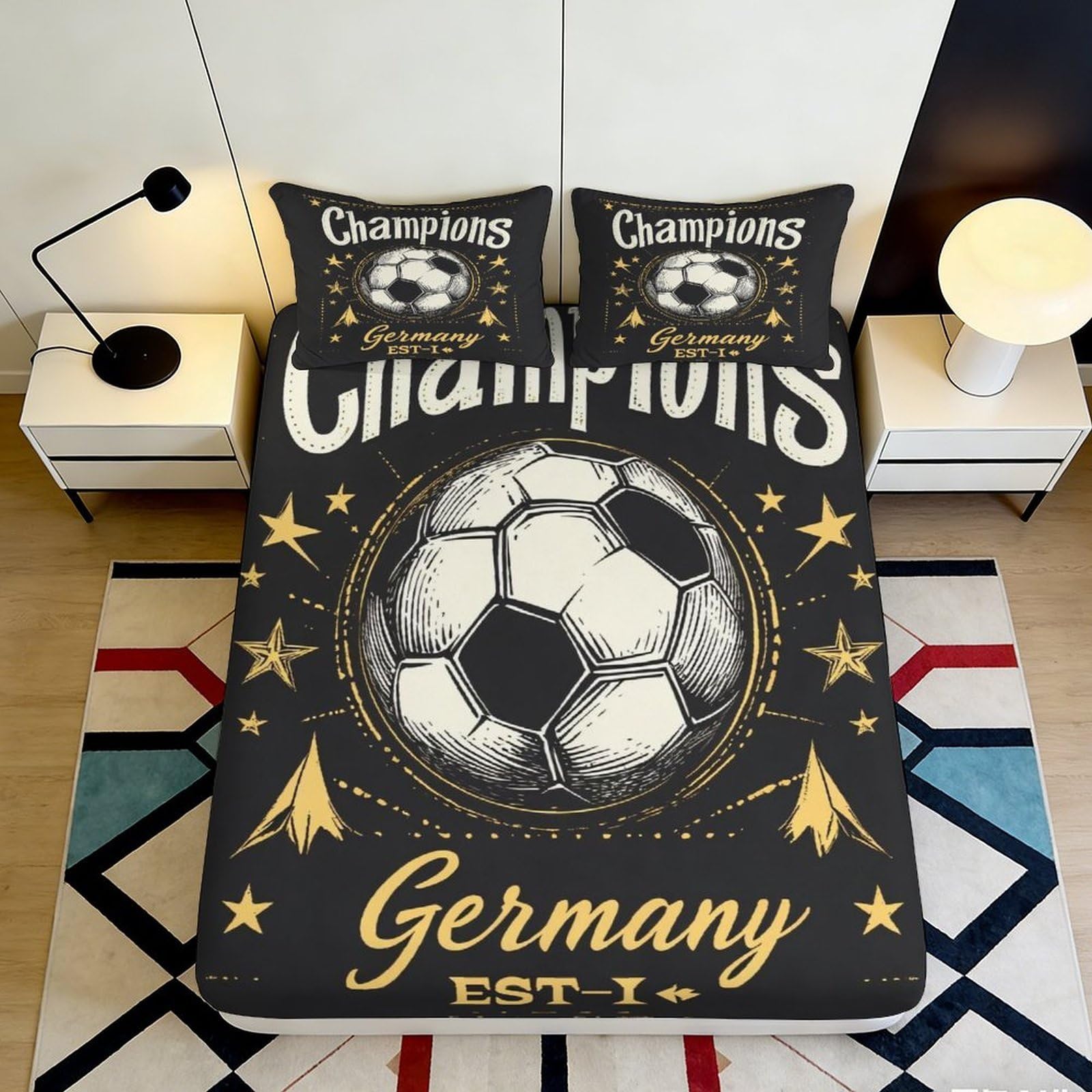 3D Printed Soccer Champions Fitted Sheet Microfiber Black Gold Germany Theme Bed Cover for Bedroom Guestroom Dorm Decor 90x200x25cm