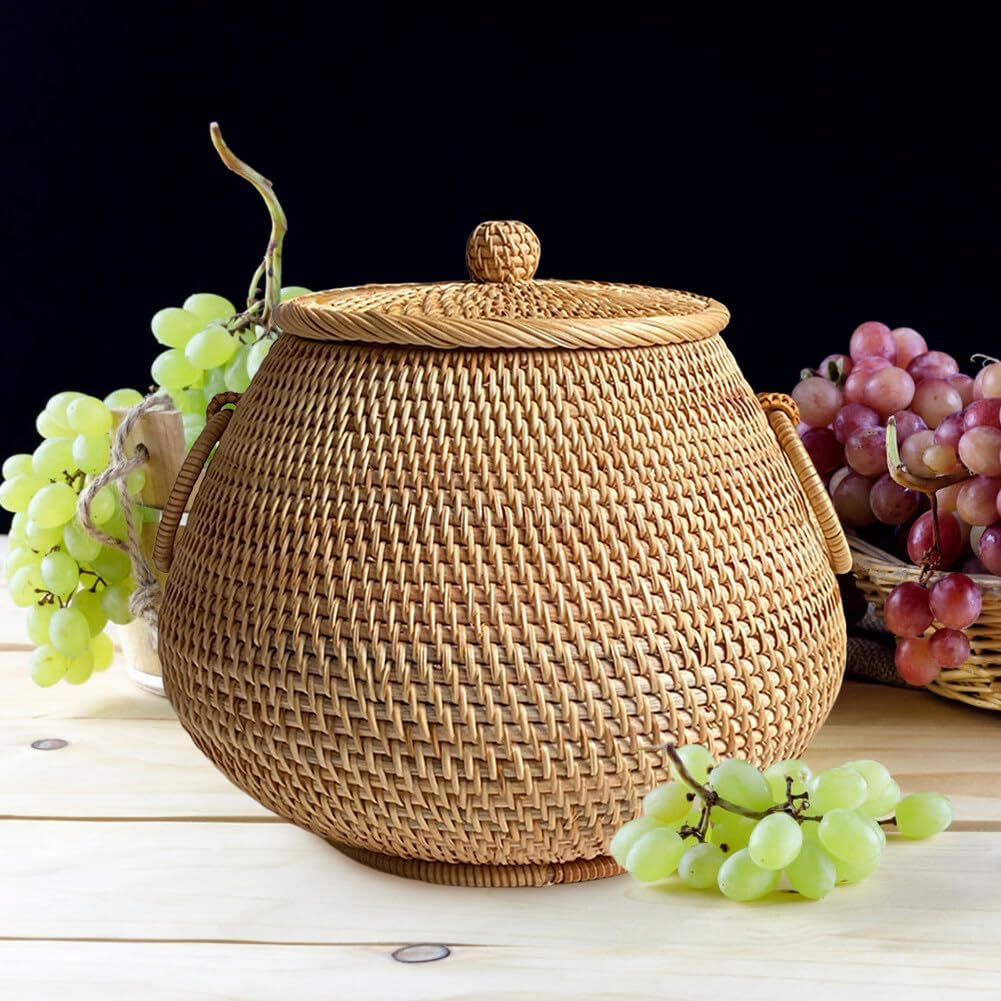 Rattan Tea Basket with Lid Round Storage Bin Organizer Hand Woven Serving Bowl Basket Natural Jar Wicker Pot Caddy for Coffee Candy Tea Snack Home Decoration