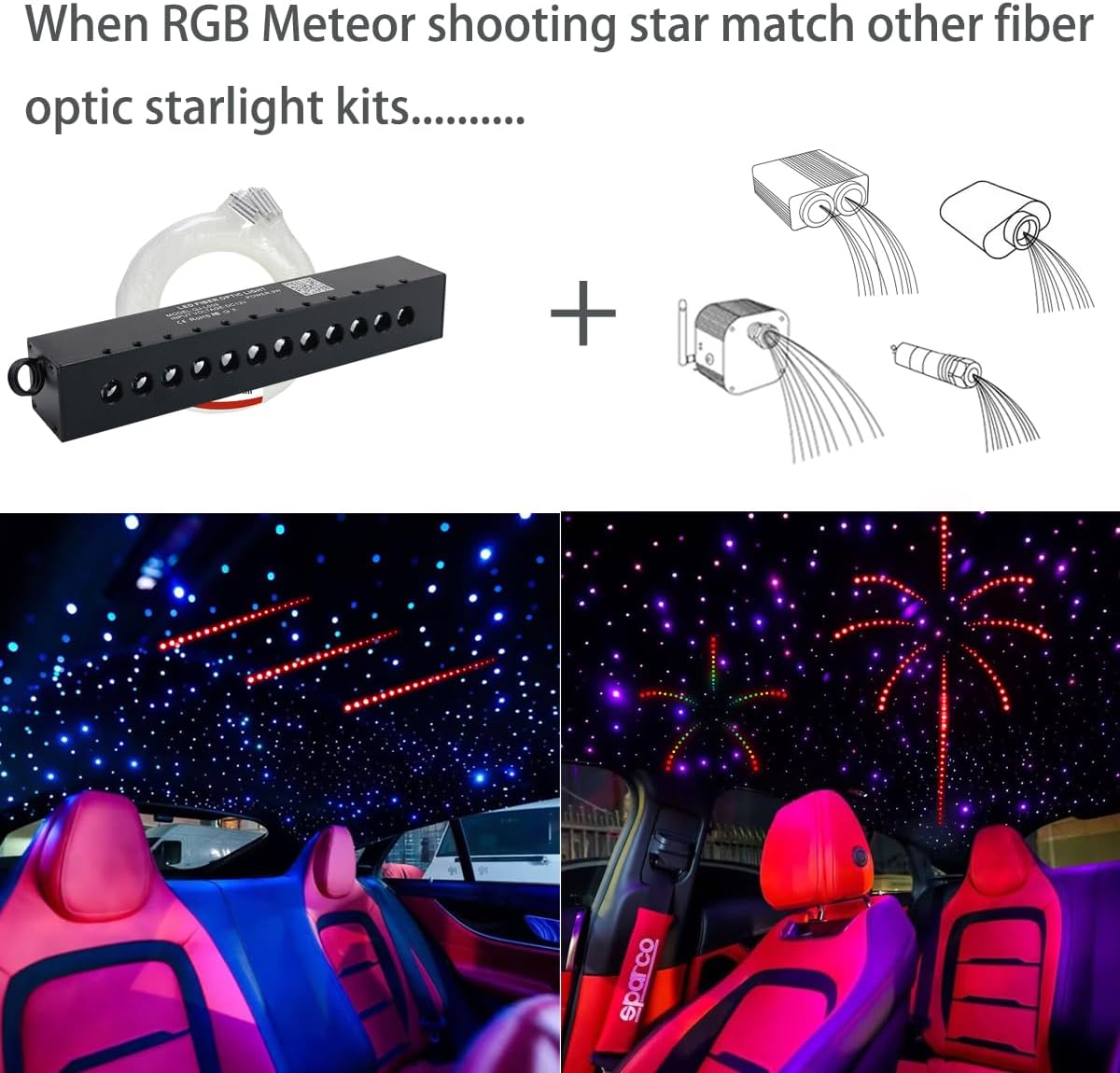 AZIMOM RGB 12LED Meteor Shooting Star Kits 96pcs 0.04in 9.8ft Colorful Shooting Star Fiber Optic Meteor Kits for Car Home Roof Ceiling