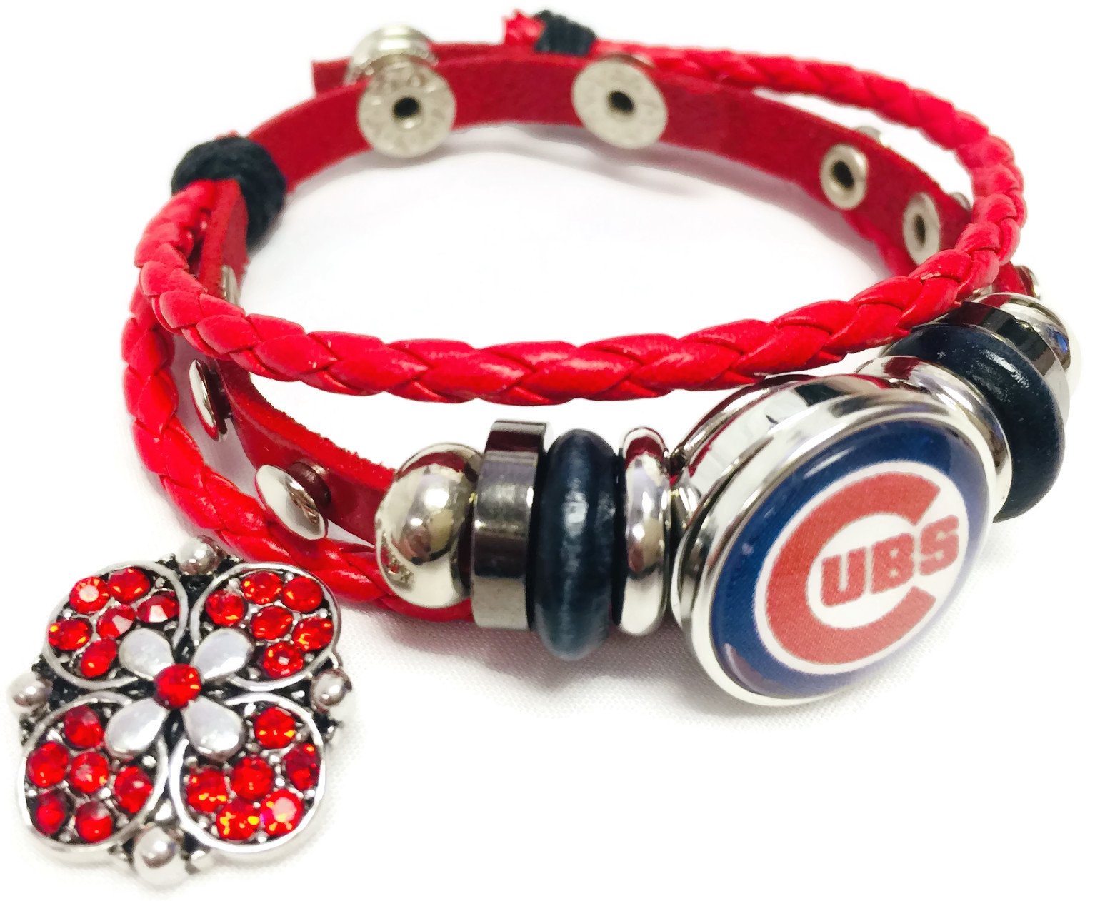 Fashion Snap Jewelry MLB Chicago Cubs Logo Red Leather Bracelet W/Extra 18MM - 20MM Charm Baseball Fans