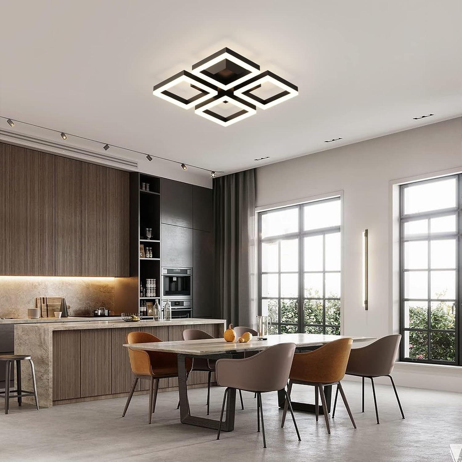 GEADI Modern Led Ceiling Light, Modern 4-Square Ceiling Lamp 52W Dimmable Flush Mount Ceiling Chandelier for Living Dining Room Bedroom Kitchen, Black