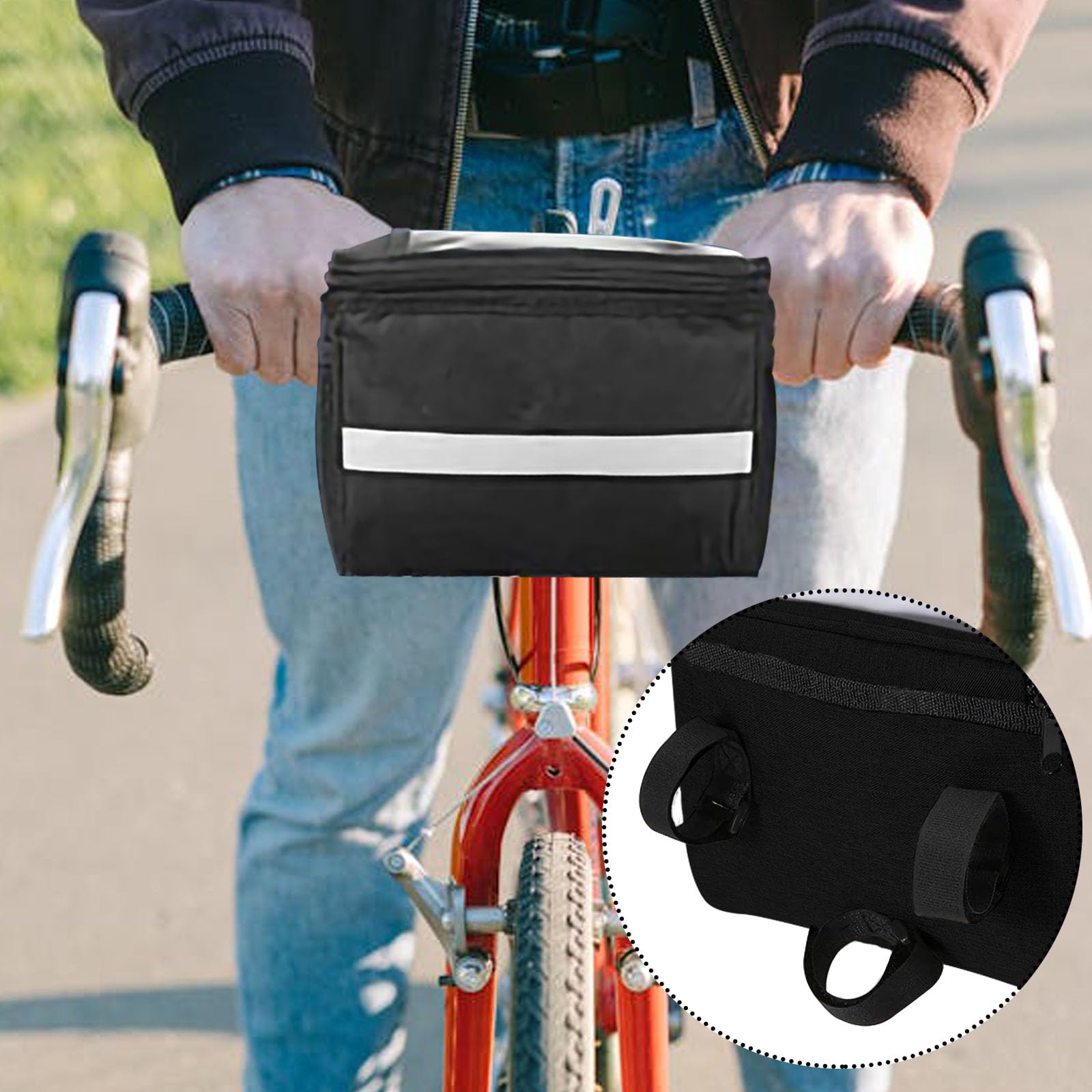 Borsa da manubrio per bicicletta, borsa anteriore per bicicletta, con strisce riflettenti, borsa per telaio della bici, borsa portaoggetti professionale, accessori per bici (nero)