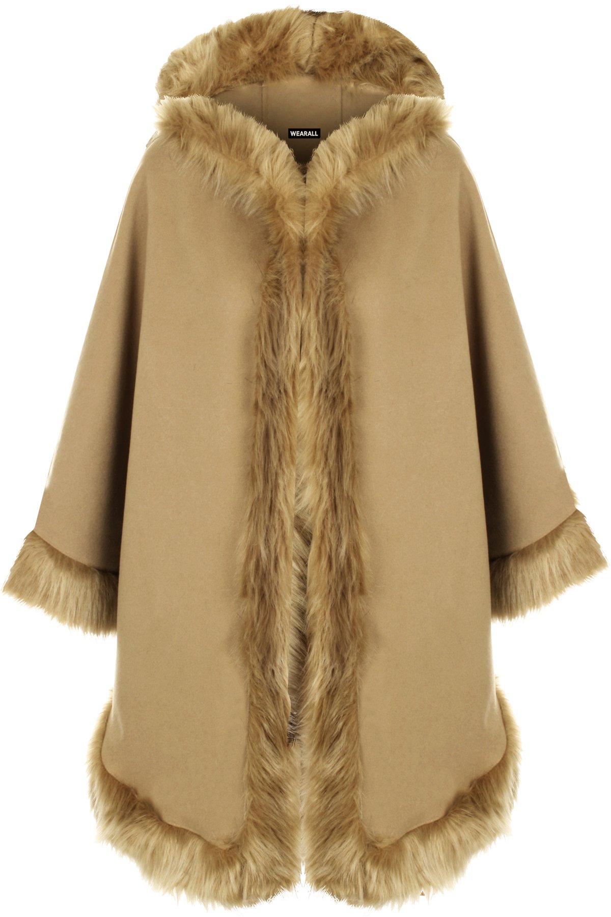 WearAll Women's Plain Faux Fur Trim Hood Cape Shawl Cloak Poncho Coat Top - Camel - One Size