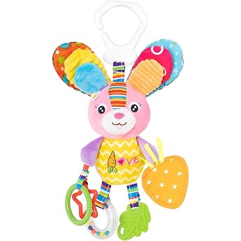 Baby Pram Toy - Hanging Toy with Bell Clip on Baby Seat for Girls and Boys - Plush Animal Activity Gift for Newborns 0 3 6 12 Months Rabbit