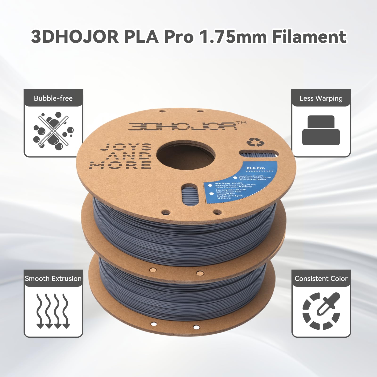 3DHoJor Filamento PLA Pro (PLA+) de 1.75 mm, filamento de impresión 3D PLA+ 2 kg x 2 (4.4 libras), paquete de carretes de cartón, precisión dimensional +/- 0.03 mm, paquete de 2 unidades, color gris