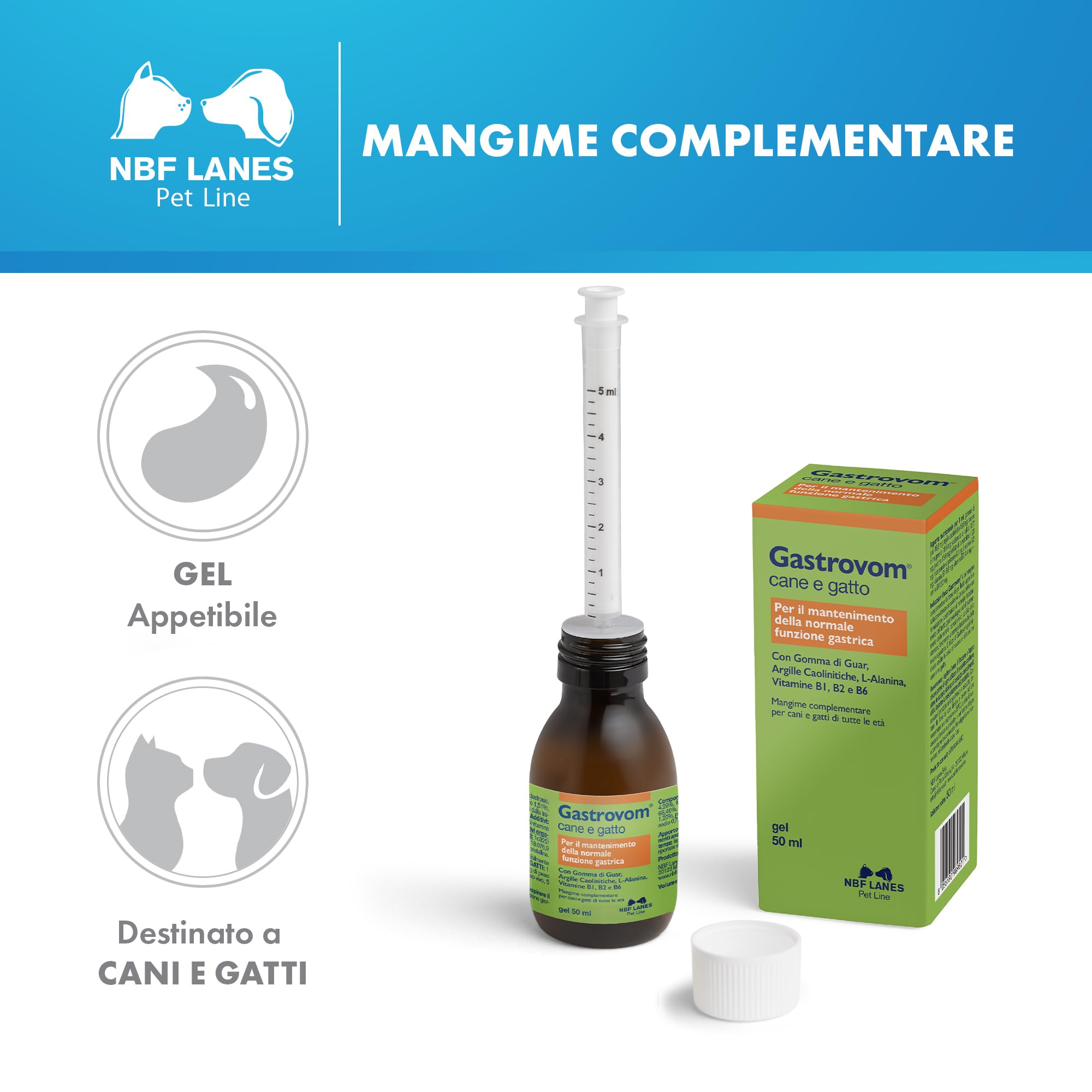 NBF Lanes | Gastrovom Cane e Gatto, Gel Appetibile 50 ml, per Il Mantenimento della Normale Funzionalità Gastrica