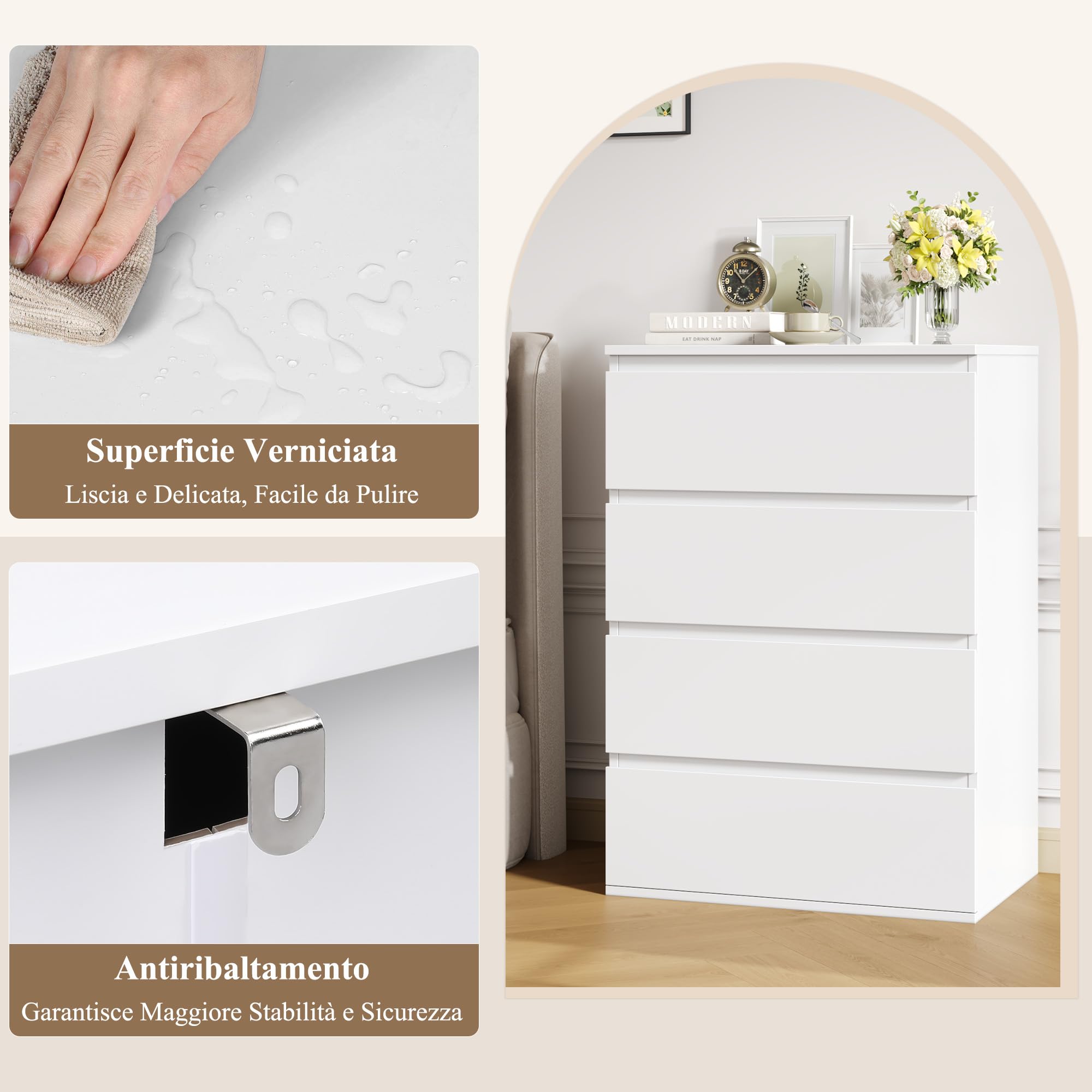 FOREHILL Cassettiera a 4 cassetti,Cassettiera Camera da Letto,Comò e Cassettiere in Legno,Mobiletto con Cassetti per Soggiorno, Camera da Letto, Corridoio, Cucina,60x40x80 cm Bianco