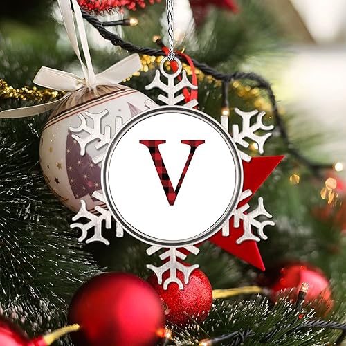 Miniatura 3 de Adornos de copo de nieve con letra V con monograma, letras rojas y negras, adornos de árbol de Navidad, adornos de Navidad personalizados,