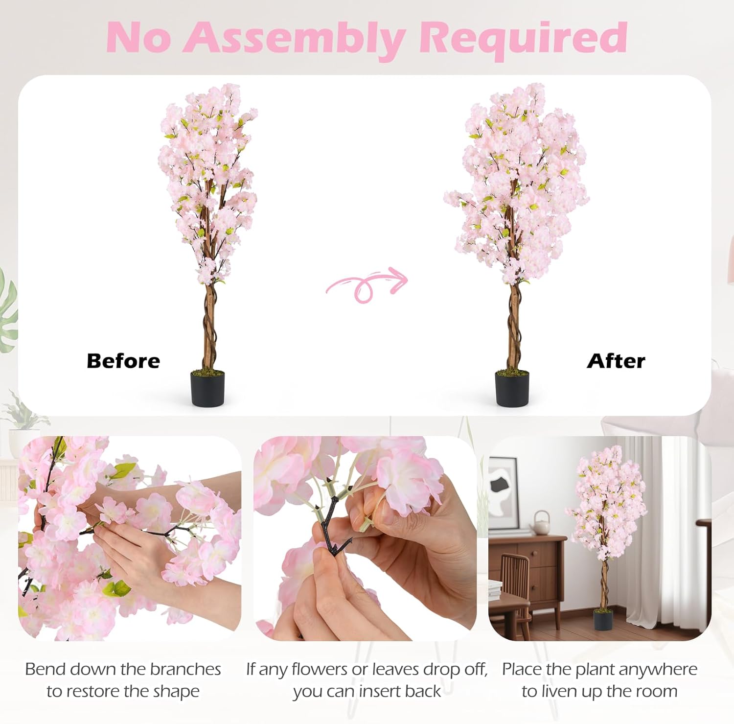GOFLAME 5FT Artificial Cherry Blossom Tree, 2 Pack Faux Pink Silk Plant with Solid Wood Trunk, Realistic Moss and Nursery Pot, Fake Sakura Flower Tree for Home Office Indoor Decor