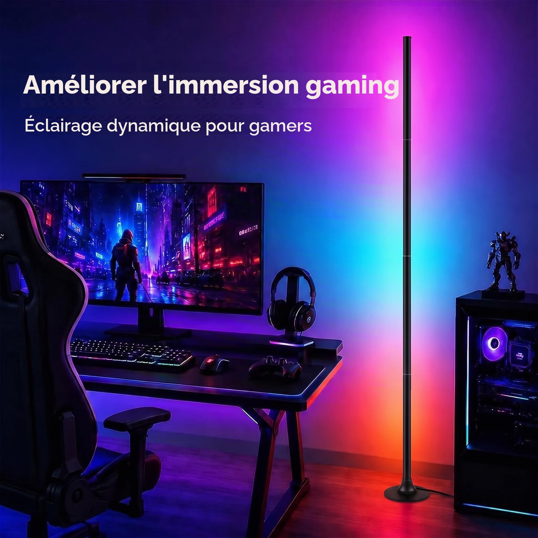 Lampadaire LED, lampe d'angle LED de 160 cm avec application et télécommande, synchronisation musicale, lampe intelligente 16 millions de couleurs pour salon, chambre et gaming-(Lot de 2)